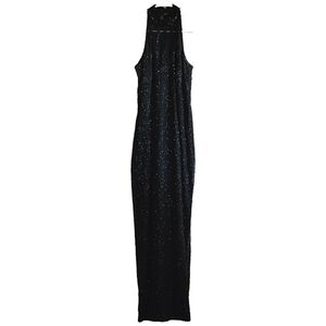 🟢7200 * Sténay Silk Beaded Sleeveless Floor Length Gown Black Size 12 90s Glam